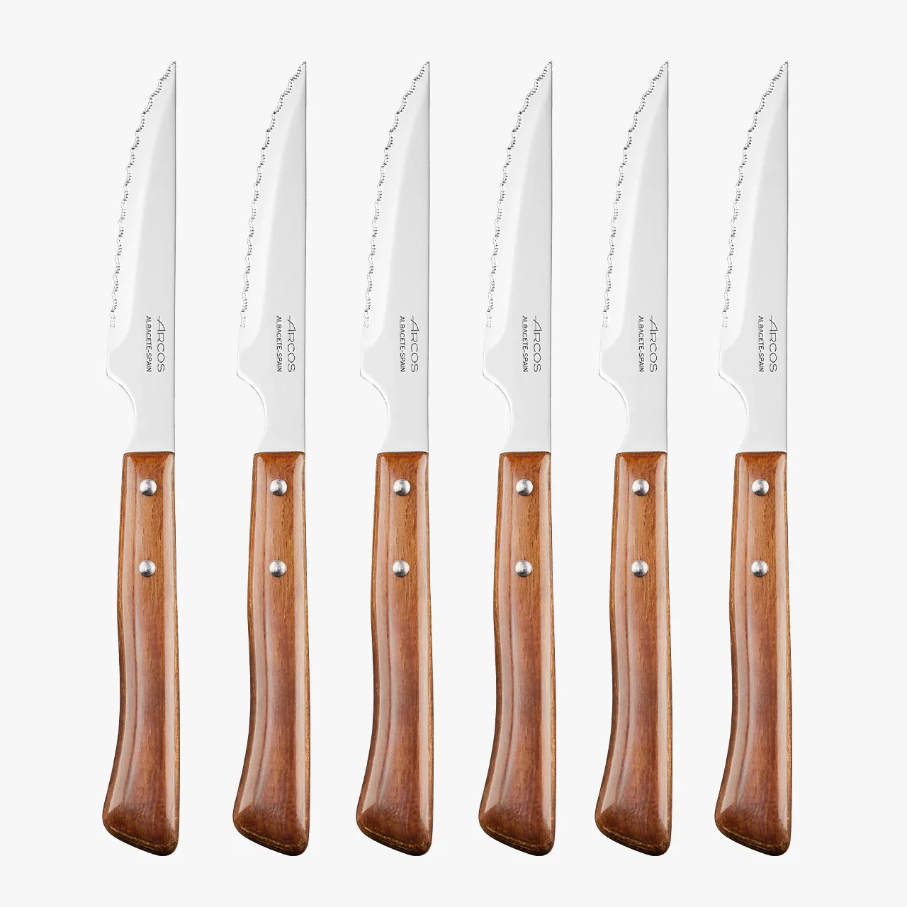 Set 6 Pzas. Cuchillo chuletero madera de haya comprimida filo con sierra 110 mm